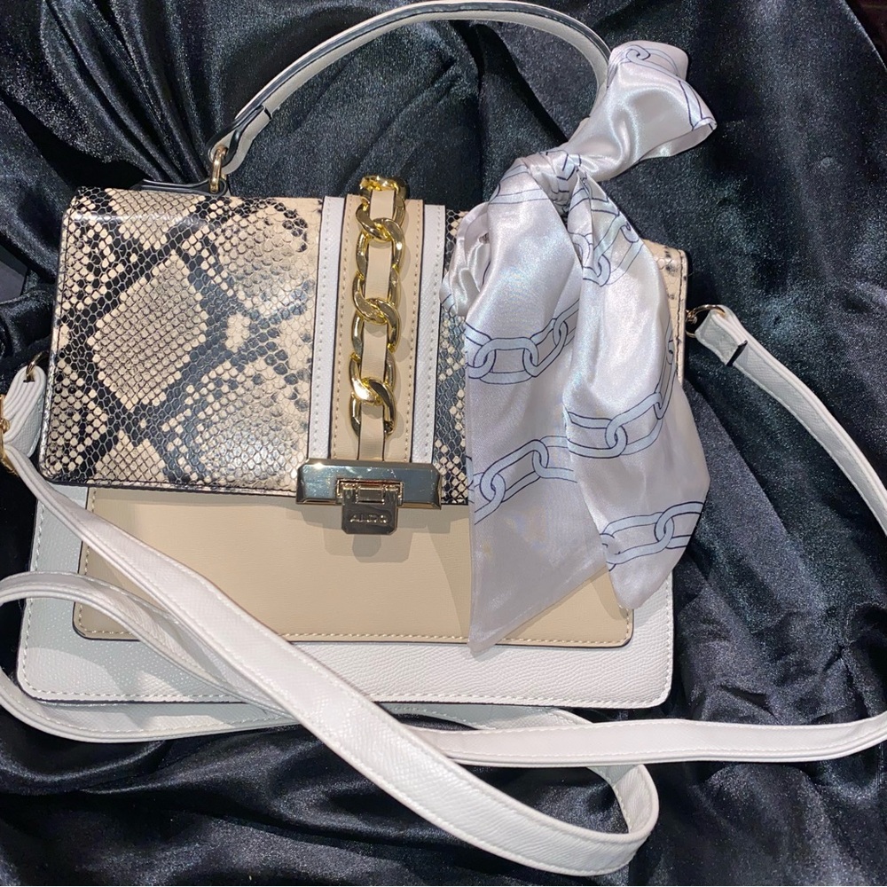 Aldo ANNIEBROOK Cream, tan and Snake Print Shoulder Bag. Elegant accent bow.